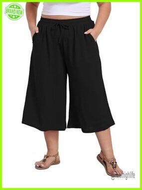 Plus Size Wide Leg Capri Pants with Pockets Summer Palazzo